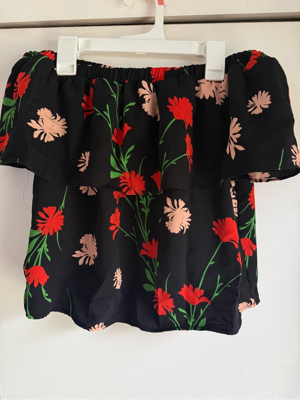 Topshop Black Off-Shoulder Camisole with Red & Blush Floral Print